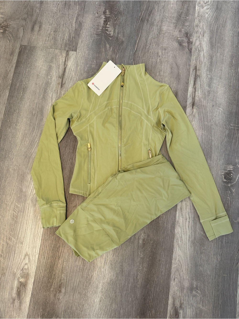 Lululemon Olive Green Zip Jacket with Gold Accents and Leggings Set